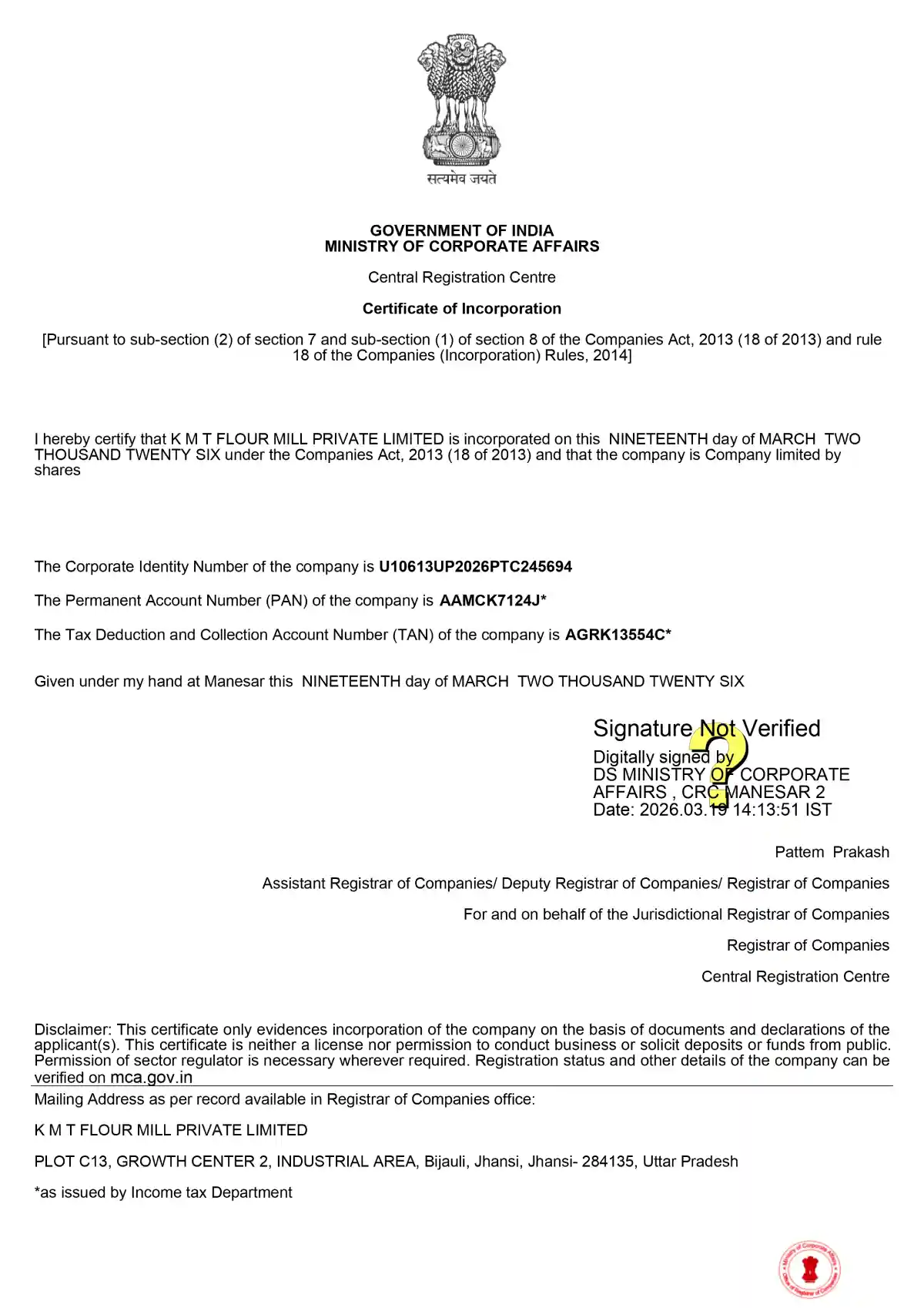 KMT CERTIFICATE OF INCORPORATION